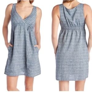 Patagonia Chambray Striped Empire Faux Wrap Dress 10 Hemp Organic Cotton Blue